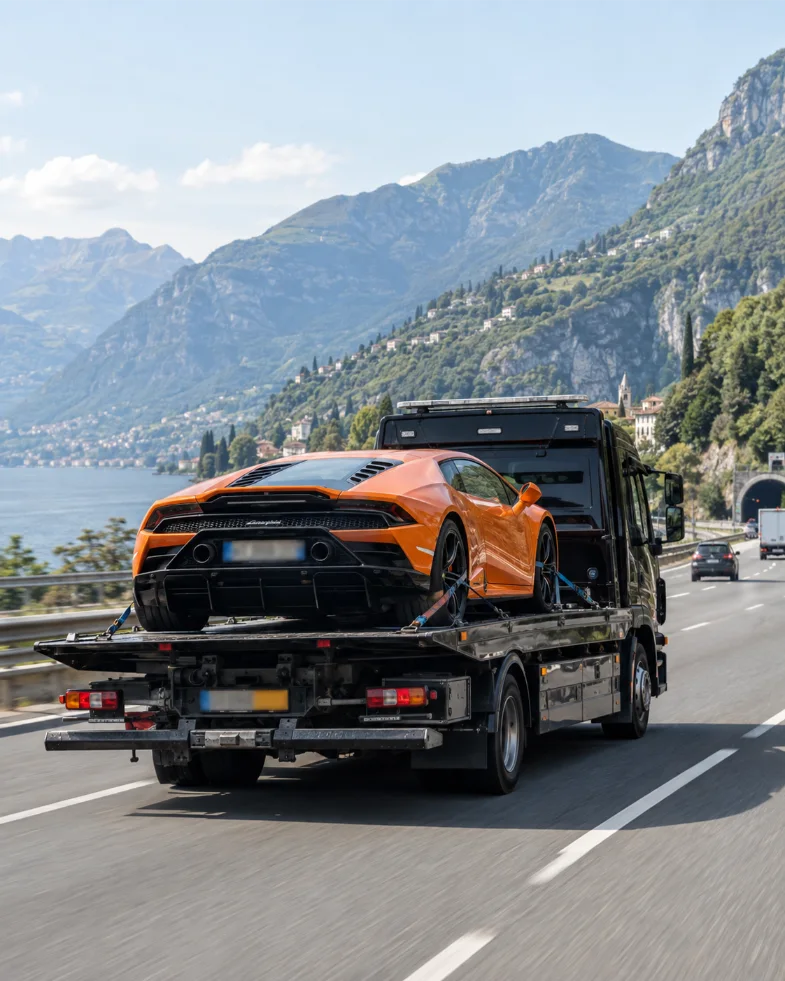 Orange Lamborghini Luxury Car Recovery Lake Como Italy