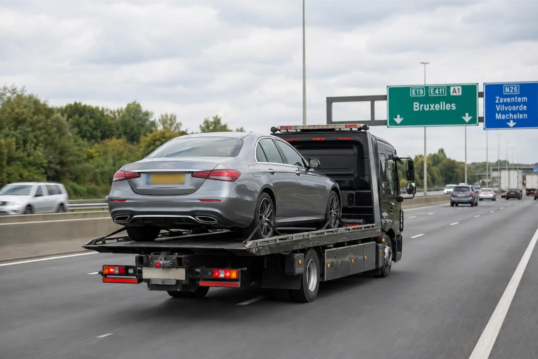 Silver Mercedes E-Class Vehicle Transport Brussels Belgium